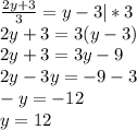 \frac{2y+3}{3} =y-3 | *3 \\ 2y+3=3(y-3) \\ 2y+3=3y-9 \\ 2y-3y=-9-3 \\ -y=-12 \\ y=12