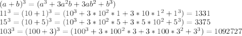 (a+b)^{3}=( a^{3}+3 a^{2}b+3a b^{2}+ b^{3}) \\ &#10; 11^{3}= (10+1)^{3}=( 10^{3}+3* 10^{2}*1+3*10*1^{2}+ 1^{3})=1331 \\ &#10; 15^{3}= (10+5)^{3}=( 10^{3}+3*10^{2}*5+3*5* 10^{2}+ 5^{3})=3375 \\ &#10; 103^{3} =(100+3)^{3}=( 100^{3}+3*100^{2}*3+3*100* 3^{2}+ 3^{3})= 1092727 \\ &#10;