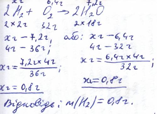 Яка маса водню прореагувала з киснем масою 6,4г.якщо утворилась вода масою 7,2г. написати рівняння х