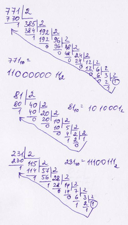Числа 771,81,231 из десятичной в двоичную систему счисления