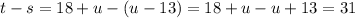 t-s=18+u-(u-13)=18+u-u+13=31