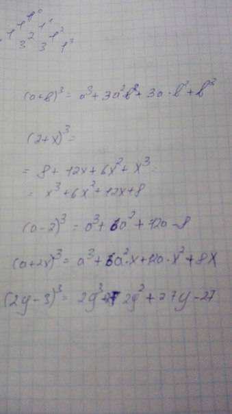 Представьте в виде многочленов 1)(2+х)^3 2)(а-2)^3. 4)(а+2х)^3 3) (2у-3)^3