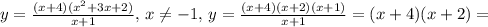 y= \frac{(x+4)(x^2+3x+2)}{x+1},\,x\neq{-1},\,y= \frac{(x+4)(x+2)(x+1)}{x+1}=(x+4)(x+2)=