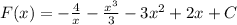 F(x)=- \frac{4}{x} - \frac{x^3}{3} -3x^2+2x+C