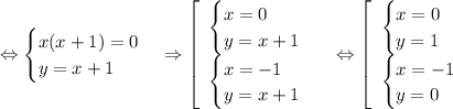 \Leftrightarrow \begin {cases} x(x+1)=0 \\ y=x+1 \end {cases}\Rightarrow \left[\begin{array}{l} \begin {cases} x=0 \\ y=x+1 \end {cases} \\ \begin {cases} x=-1 \\ y=x+1 \end {cases} \end{array}\right\Leftrightarrow \left[\begin{array}{l} \begin {cases} x=0 \\ y=1 \end {cases} \\ \begin {cases} x=-1 \\ y=0 \end {cases} \end{array}\right\