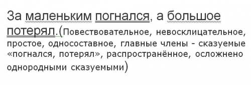 Полный синтаксический разбор предложения за маленьким погнался, а большое потерял.