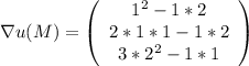 \nabla u(M) = \left(\begin{array}{c} 1^{2} - 1*2\\ 2*1*1 - 1*2 \\ 3*2^{2}-1*1 \end{array}\right)