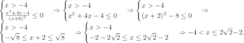 \begin {cases} x-4 \\ \frac{x^2+4x-4}{(x+6)^2}\leq0 \end {cases}\Rightarrow \begin {cases} x-4 \\ x^2+4x-4\leq 0 \end {cases}\Rightarrow \begin {cases} x-4 \\ (x+2)^2-8\leq 0 \end {cases}\Rightarrow\\ \begin {cases} x-4 \\ -\sqrt{8}\leq x+2\leq \sqrt{8} \end {cases}\Rightarrow \begin {cases} x-4 \\ -2-2\sqrt{2}\leq x\leq 2\sqrt{2}-2 \end {cases}\Rightarrow -4