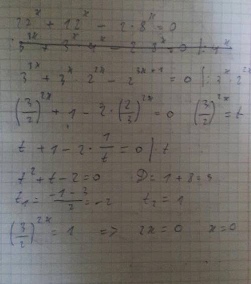 Укажите какому промежутку принадлежит 27^x +12^x -2*8^x=0