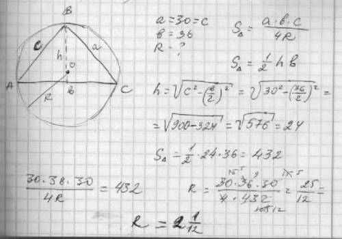 Боковые стороны равнобедренного треугольника равны 30, основание равно 36. найдите радиус описанной