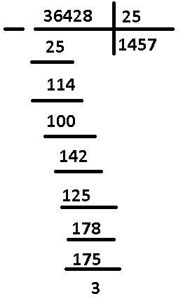 Примени алгоритм деления столбиком для вычисления значения неполного частного и остатка: 36428 на 25