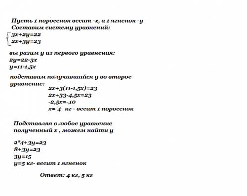 3поросёнка и 2 ягнёнка весят 22 кг., а 2 поросёнка и 3 ягнёнка весят 23 кг. сколько весит один порос