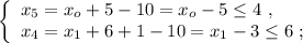 \left\{\begin{array}{l} x_5 = x_o + 5 - 10 = x_o - 5 \leq 4 \ , \\ x_4 = x_1 + 6 + 1 - 10 = x_1 - 3 \leq 6 \ ; \end{array}\right