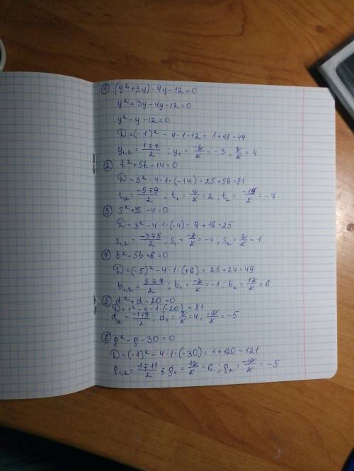 (у^2+3у)-4у-12=0 t^2+5t-14=0 s^2+3s-4=0 b^2-5b+6=0 d^2+d-20=0 q^2-q-30=0