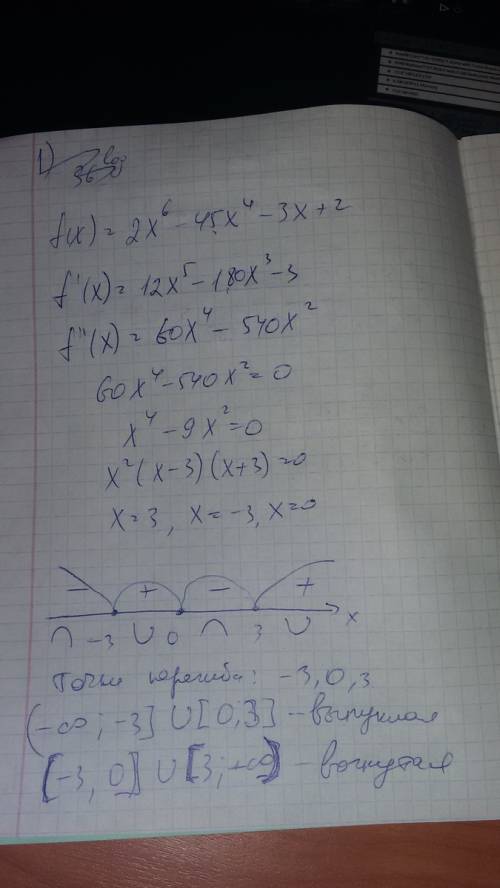 Найти интервалы выпуклости и точки перегиба функции f(x)=2*x^6-45*x^4-3*x+2