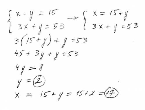Разность двух чисел равна 15. если первое число увеличить в три раза, то полученная сумма будет равн