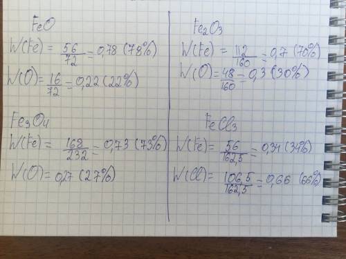 Вкаком из следующих веществ массовая доля fe больше: feo, fe₂o₃, fe₃o₄, fecl₃.подробно с каждым расп