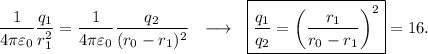 \dfrac{1}{4\pi\varepsilon_0}\dfrac{q_1}{r_1^2}=\dfrac{1}{4\pi\varepsilon_0}\dfrac{q_2}{(r_0-r_1)^2}\ \ \longrightarrow\ \ \boxed{\dfrac{q_1}{q_2}=\left(\dfrac{r_1}{r_0-r_1}\right)^2}=16.