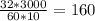 \frac{32*3000}{60*10} =160