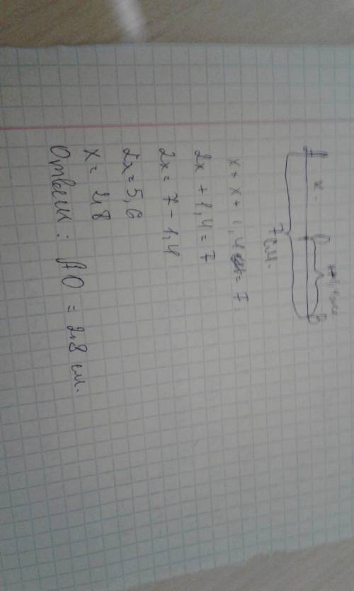 Точка о делит отрезок ab на отрезке ао и ов. ов больше чем ао 1,4 см. ав = 7 см. какова длина ао?