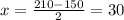 x= \frac{210-150}{2} =30