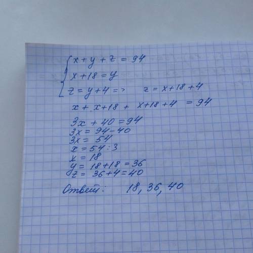 Значение трёх чисел равно 94.известно что первое число на 18 меньше второго а третье число на 4 боль