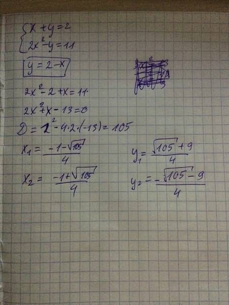 Ссистемой уравнений. x+y=2 2x^2-y=11