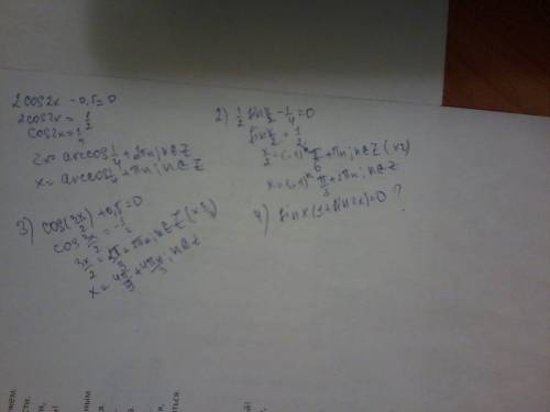 Решать эти примеры 1)2 cos 2x-0.5=0 2)1/2sin(x/2)-1/4=0 3)cos(3x/2)+0.5=0 4)sin x(1+sin 2x)=0