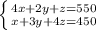 \left \{ {{4x+2y+z=550} \atop {x+3y+4z=450}} \right.