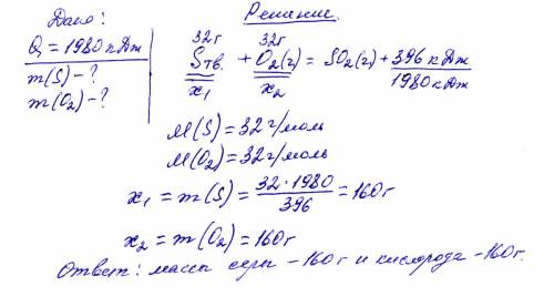 По уравнению s(тв.)+o2(г.)=so2(г.)+396 кдж рассчитайте массы серы и кислорода,которые необходимы для