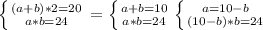 \left \{ {{(a+b)*2=20} \atop {a*b=24}} \right. = \left \{ {{a+b=10} \atop {a*b=24}} \right. \left \{ {{a=10-b} \atop {(10-b)*b=24}} \right.