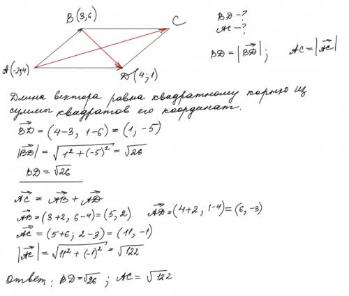 На векторах ab и ad как на сторонах построен паралелограмм а(-2; 4) в(3; 6) д(4; 1)найти длины диого