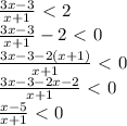 \frac{3x-3}{x+1}\ \textless \ 2 \\&#10;\frac{3x-3}{x+1}-2\ \textless \ 0 \\&#10;\frac{3x-3-2(x+1)}{x+1} \ \textless \ 0 \\&#10;\frac{3x-3-2x-2}{x+1} \ \textless \ 0 \\&#10;\frac{x-5}{x+1} \ \textless \ 0 \\&#10;