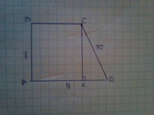 Боковые стороны у прямоугольной трапеции abcdравны 10см и 8 см .найдите площадь трапеции если большо
