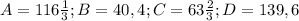 A=116 \frac{1}{3}; B=40,4; C=63 \frac{2}{3}; D=139,6