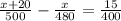 \frac{x+20}{500}- \frac{x}{480}= \frac{15}{400}