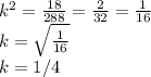 k^2= \frac{18}{288} = \frac{2}{32} = \frac{1}{16} \\ k= \sqrt{ \frac{1}{16} } \\ k=1/4