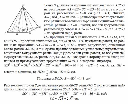 Точка вне плоскости параллелограмма удалена от каждой из его вершин на 10см и от каждой из его сторо