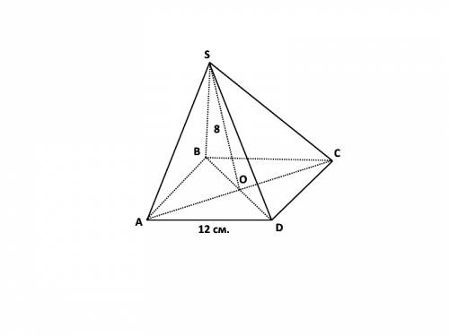 Высота правильной четырехугольной пирамиды равна 8 см а сторона ее основания 12 см . вычислите : а)