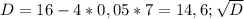 D=16-4*0,05*7=14,6; \sqrt{D}