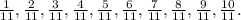 \frac{1}{11} , \frac{2}{11} , \frac{3}{11} , \frac{4}{11} , \frac{5}{11} , \frac{6}{11} , \frac{7}{11} , \frac{8}{11} , \frac{9}{11} , \frac{10}{11} .