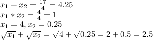 x_1+x_2= \frac{17}{4}=4.25 \\ x_1*x_2= \frac{4}{4}=1 \\ x_1=4,x_2=0.25 \\ &#10; \sqrt{x_1} + \sqrt{x_2} = \sqrt{4} + \sqrt{0.25} =2+0.5=2.5