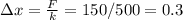 \Delta x= \frac{F}{k} = 150/500=0.3