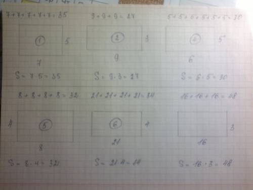 Какие прямоугольники можно нарисовать к каждому равенству 7+7+7+7+7 9+9+9 6+16+16 5+5+5+5+5+5 8+8+8+