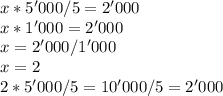 x*5'000/5=2'000\\x*1'000=2'000\\x=2'000/1'000\\x=2\\2*5'000/5=10'000/5=2'000