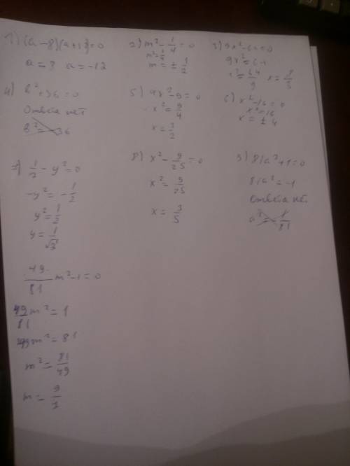 Решите уравнение: 1) (a-8)(a+12)=0 2) m^2-0,25=0 3) 9x^2-64=0 4) b^2+36=0 5) 4x^2-9=0 6) x^2-16=0 7)