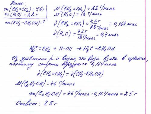 Сколько спирта образовался при взаимодействии 4,6 г этилена и 7,2 воды