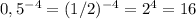 0,5^{-4} = (1/2)^{-4} = 2^{4} = 16