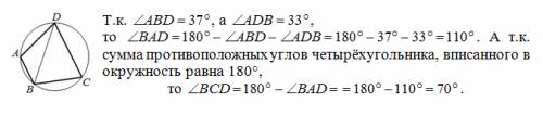 Четырехугольник авсд вписан в окружность. угол авд=37,угол адв=33. найдите угол всд