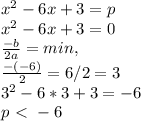 x^2-6x+3=p \\&#10;x^2-6x+3=0 \\&#10;\frac{-b}{2a} = min, \\&#10;\frac{-(-6)}{2} = 6/2= 3 \\&#10;3^2-6*3+3=-6 \\&#10;p\ \textless \ -6